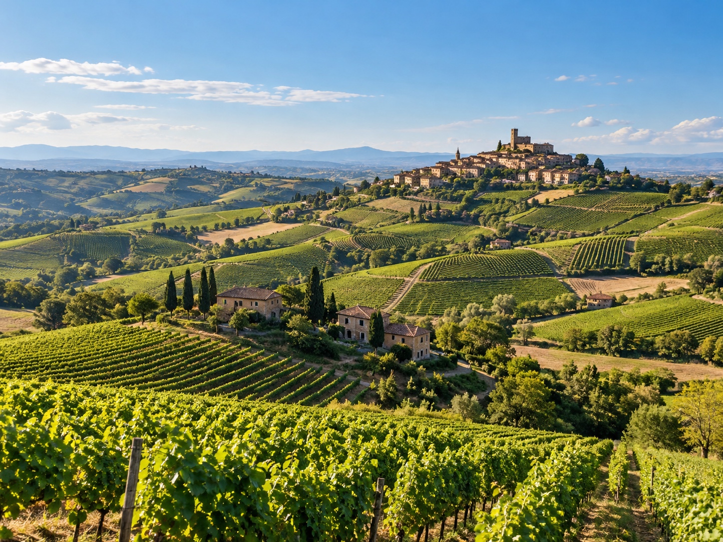 Vineyards on the hills of Italy, with a village on the hilltop