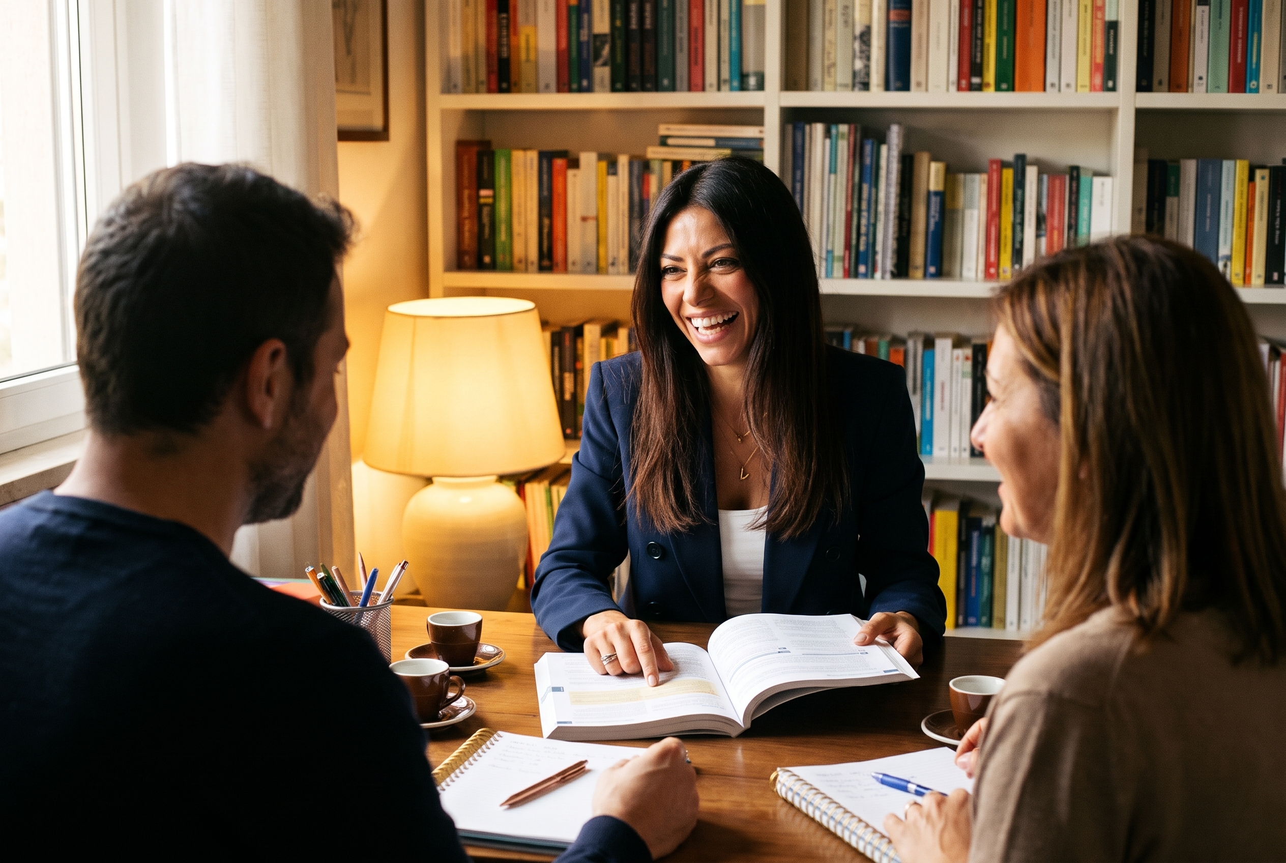 Valentina laughing with two students over an open textbook