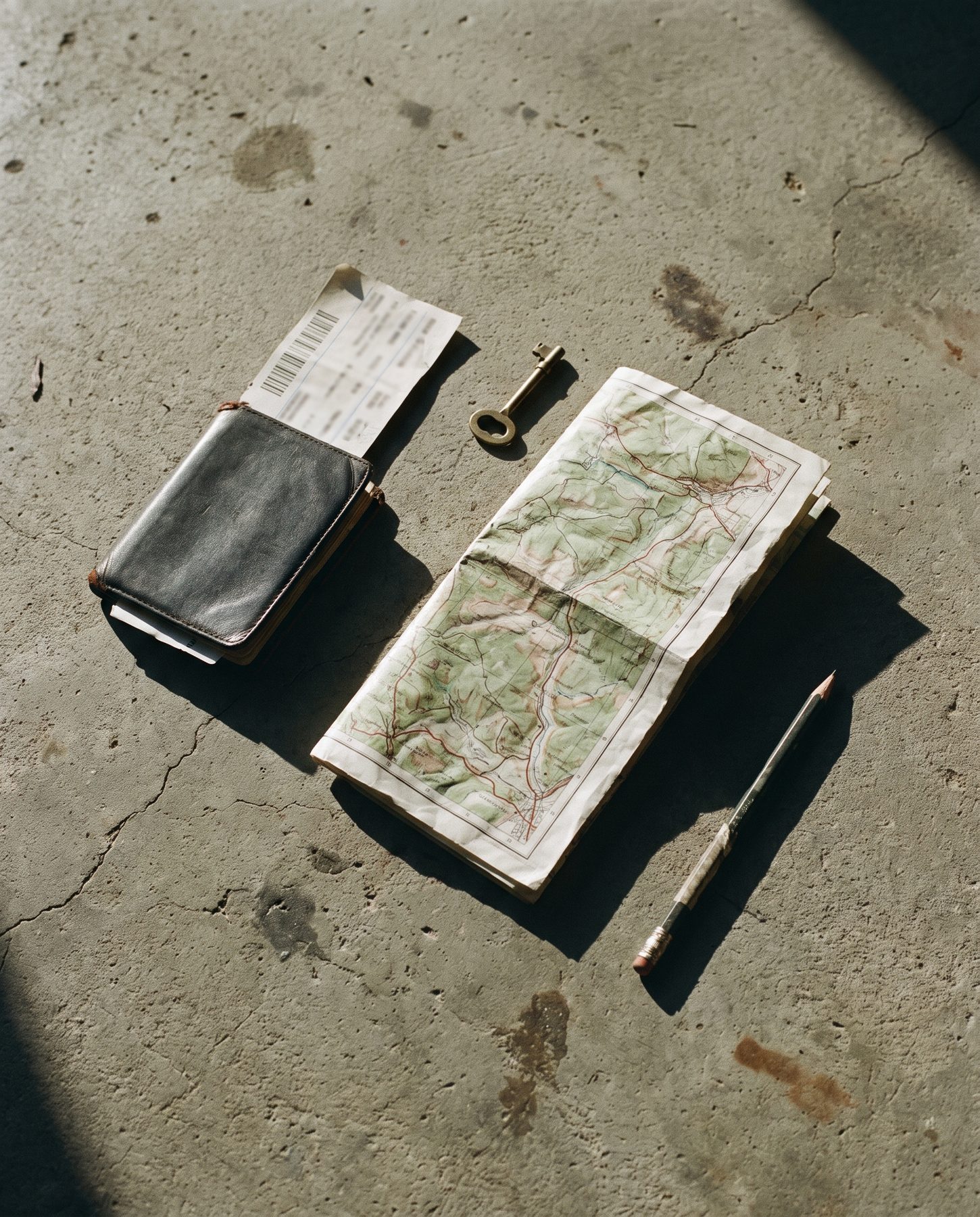 A passport, a folded map and a key on a stone floor