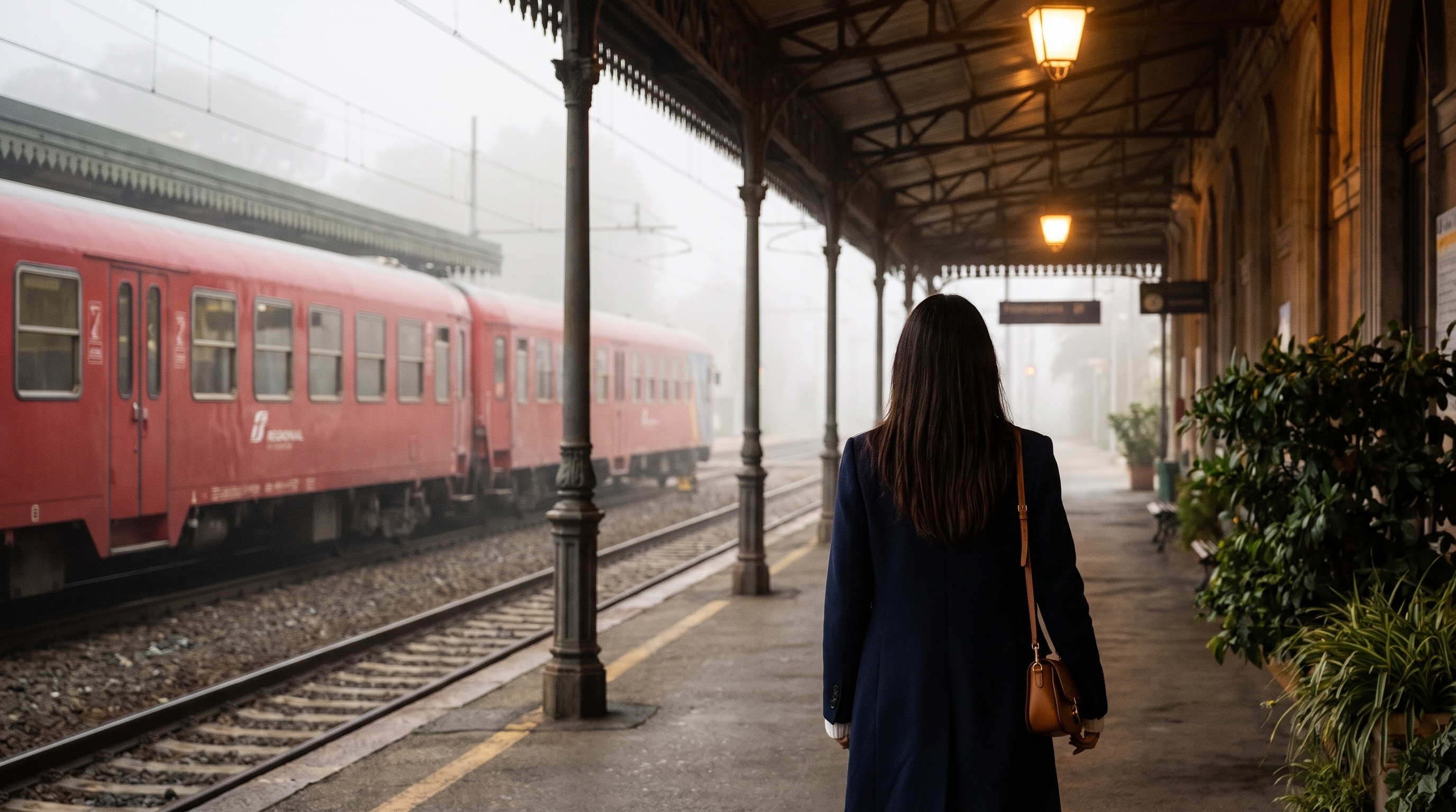 Valentina walking along an Italian station platform beside a red regional train
